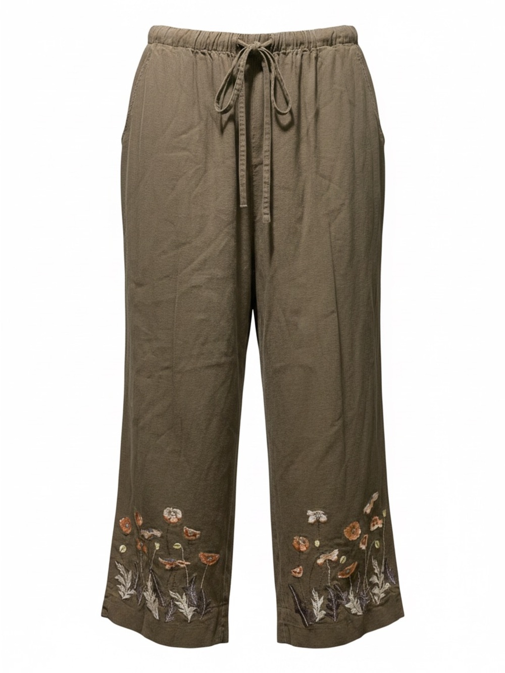 Christopher & Banks Olive Green Wide Leg Pants with Floral Embroidery